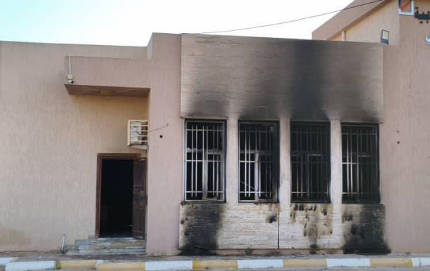 The Electoral Management building in the city of Zawiya after being attacked and having fires set in its warehouses – Source: Social media