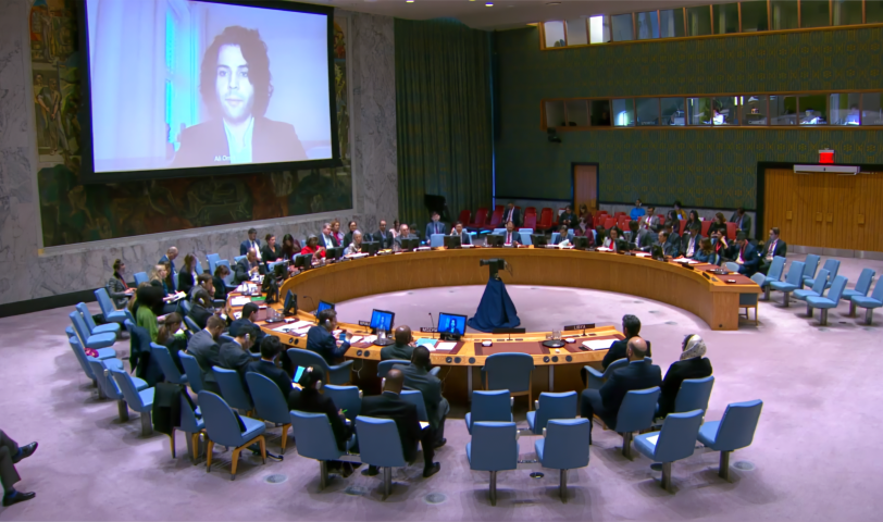 A representative of LCW delivers a briefing to the United Nations Security Council on the escalating human rights violations in Libya